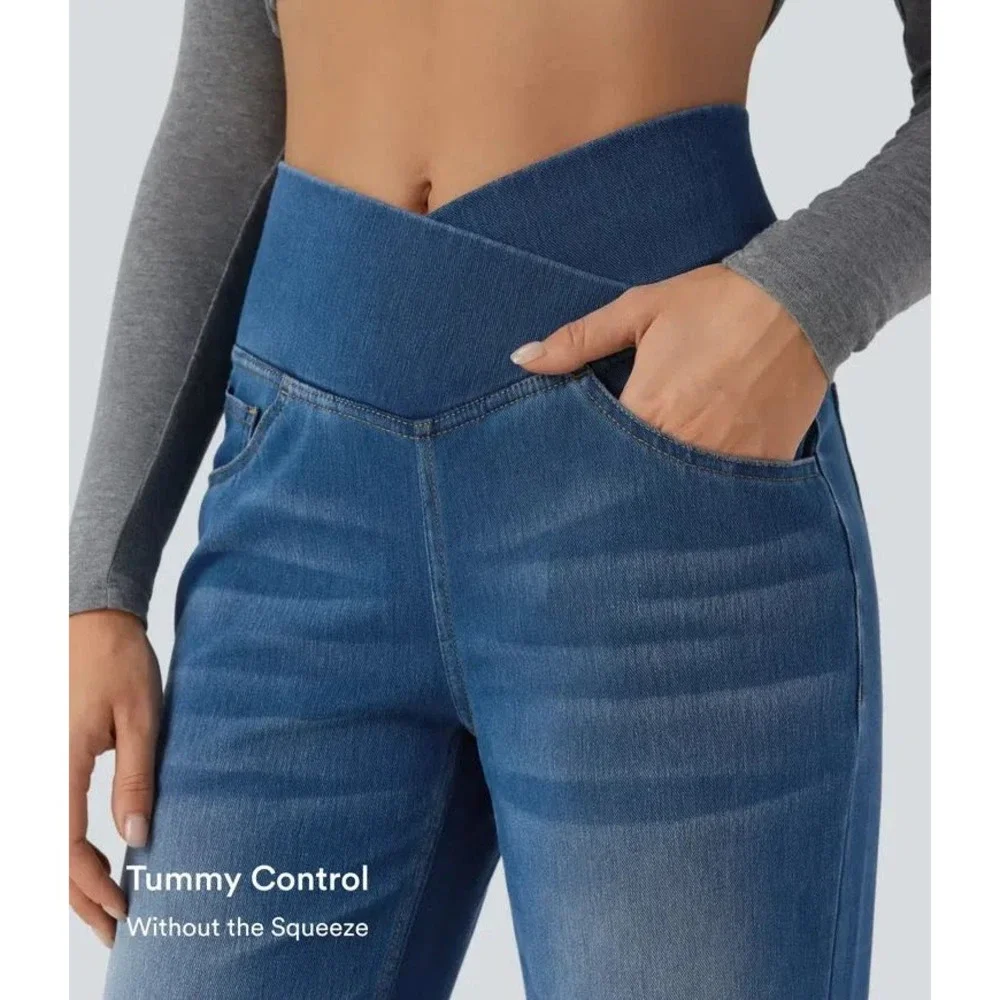 Halara Crossover Waist Wide Leg Jeans Medium Wash Blue Petite Large 02999327